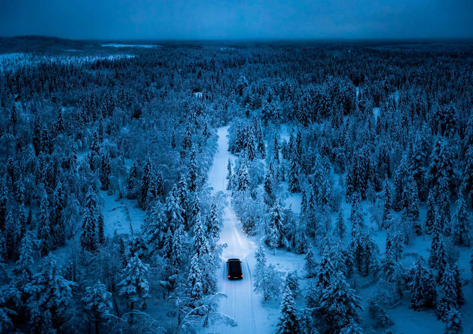 A premium vehicle travels a snow-covered road through endless snow-laden forests under Arctic blue hour